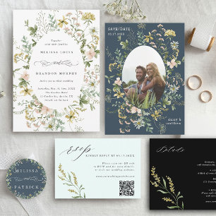 Wildflower Wreath Elegant Wedding Navy Blue Classic Round Sticker