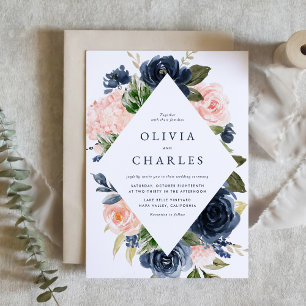 Rustic Watercolor Blush and Navy Flowers Wedding Invitation
