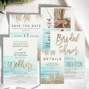 Modern gold palm tree beach photo save the date announcement postcard