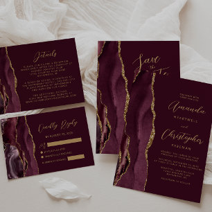 Modern Burgundy Red Gold Agate Script Wedding Invitation