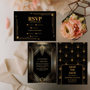 Elegant Black and Gold Art Deco  Wedding Save The Date