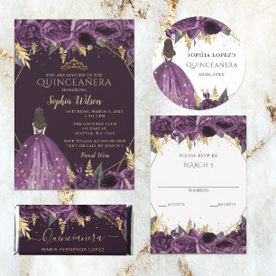Purple Gold Floral Butterfly Quinceañera Invitation