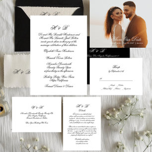 Calligraphy Monogram Black & White Formal Wedding Invitation