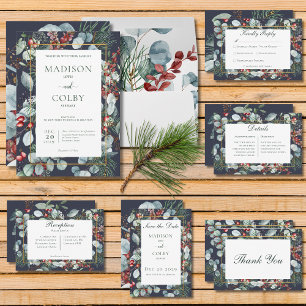 Winter Christmas Greenery Navy Reception Wedding Enclosure Card