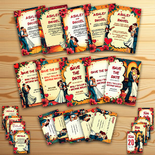 Retro Romantic Bride and Groom Comic Book Wedding Invitation