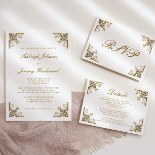 Elegant Vintage Gold Script Ornate Corners Wedding Invitation