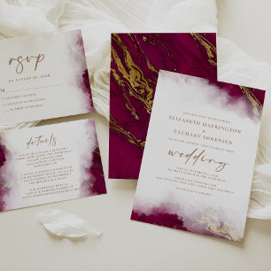 Burgundy Red Gold Marble Wedding Details Enclosure Card