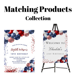 Patriotic red blue white balloons birthday party invitation postcard