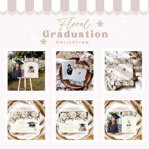 Elegant Navy Gold Floral Graduation  Invitation