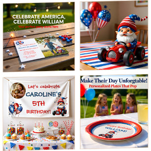 Patriotic Gnome Red Car 5th Birthday Invitation