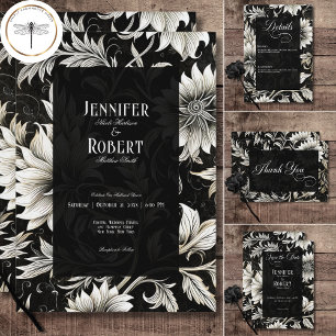 Dark Gothic Vintage Black & White Floral Damask Invitation