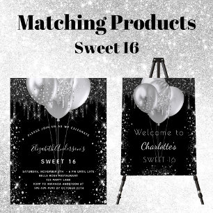Budget Sweet 16 black silver balloons invitation