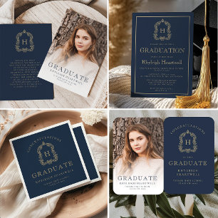 Navy Blue Gold Monogram Crest Graduation Party Invitation