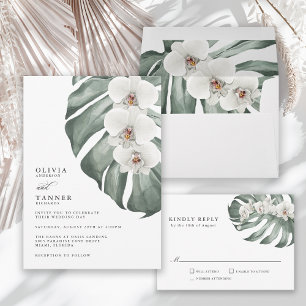 White Orchids on Monstera Tropical  Wedding Invitation