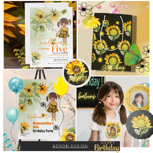 Cute Sunflower Watercolor Girl Black Birthday  Invitation
