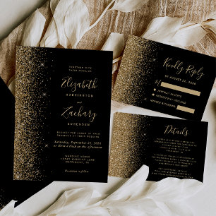 Modern Black Gold Faux Glitter Edge RSVP Card