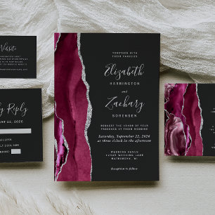 Modern Burgundy Silver Agate Dark Wedding Invitation