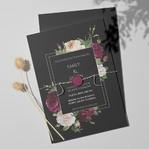 Modern Black Invitation with Burgundy Peonies