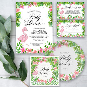 Pink Flamingo Tropical Flowers Script Baby Shower Invitation
