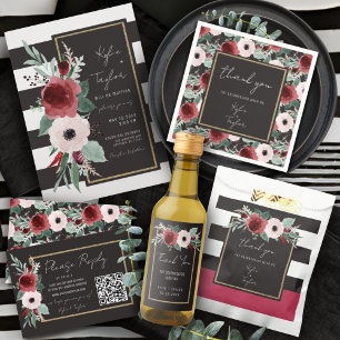 Minimalist Black White Stripe Floral Magenta Invitation