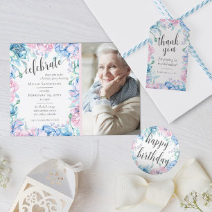 Watercolor Floral Elegant Farmhouse Birthday Photo Invitation