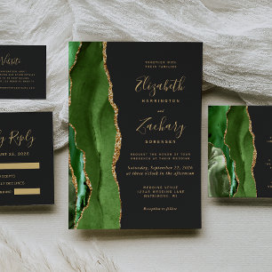 Hunter Green Gold Agate Dark Wedding Invitation