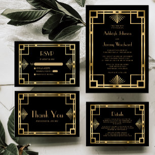 Elegant Black Gold Geo Vintage 1920s Deco Wedding Invitation