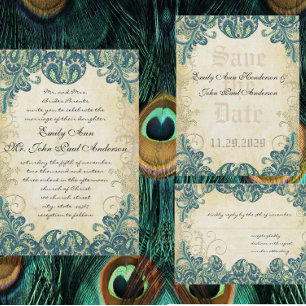 Blue & Green Peacock Ivory Wedding Invitations