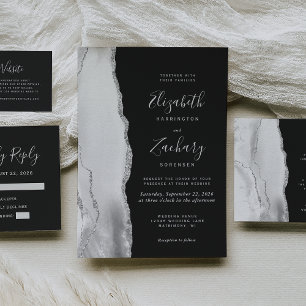 Modern Grey White Silver Agate Slate Wedding Invitation
