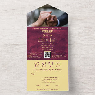 Chic Elegant Dark Burgundy Gold Accent RSVP  All In One Invitation