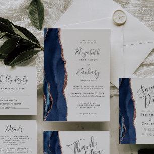 Modern Navy Blue Rose Gold Agate Wedding Invitation