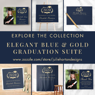 Elegant Script Blue Gold Graduation Party Welcome Tapestry