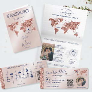 Destination Wedding Passport World Map Rose Gold  Invitation