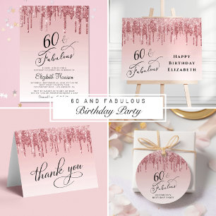60th Birthday Rose Gold Pink Glitter Budget Invite
