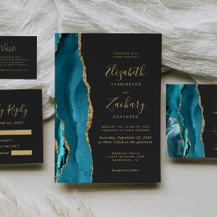 Modern Teal Gold Agate Dark Wedding RSVP Card