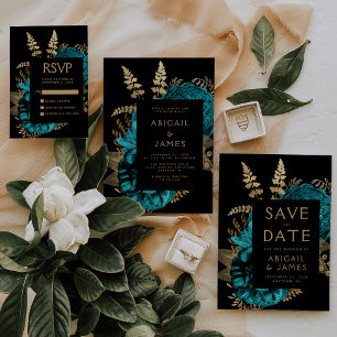 Elegant Moody Dark Floral Turquoise Gold Wedding Invitation