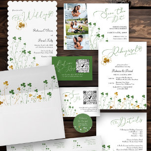Shamrock Wildflower Green and Gold Wedding Invitation