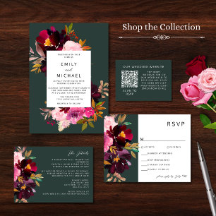Burgundy Forest Green Blush Floral Watercolor Invitation