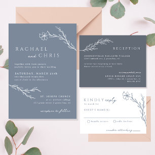 Modern Boho Floral Outline in Dusty Blue Thank You Card