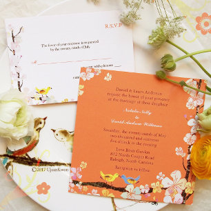 Kissing Love Birds Orange Wedding Invitation