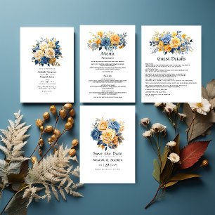 Blue and Gold Floral Wedding Menu