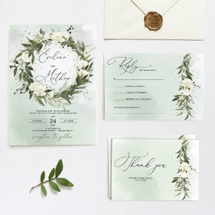 Olive wreath dusty green white roses we still do invitation