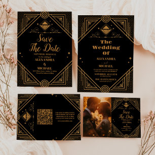 Photo Black Gold Geometric Art Deco Wedding  Save The Date