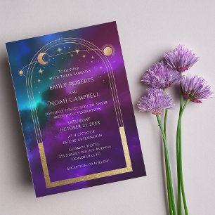 Cosmic Purple Teal Gold Sun Moon Astronomy Space Invitation
