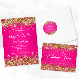 Gold Glitter Hot Pink Ombre Fancy Monogram Invitation