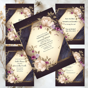 Elegant White and Purple Flowers on Marble Wedding Invitation