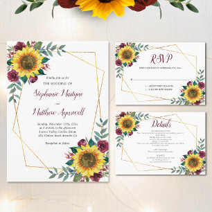 Geometric Sunflower Burgundy Roses Floral Wedding Invitation