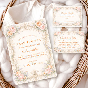 Blush Peach Rose Baroque Baby Shower Invitation