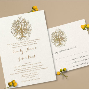 Gold Swirl Tree Gold & Black Metallic Wedding Invitation