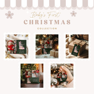 6 Photo  Pink Green Baby First Christmas Cushion